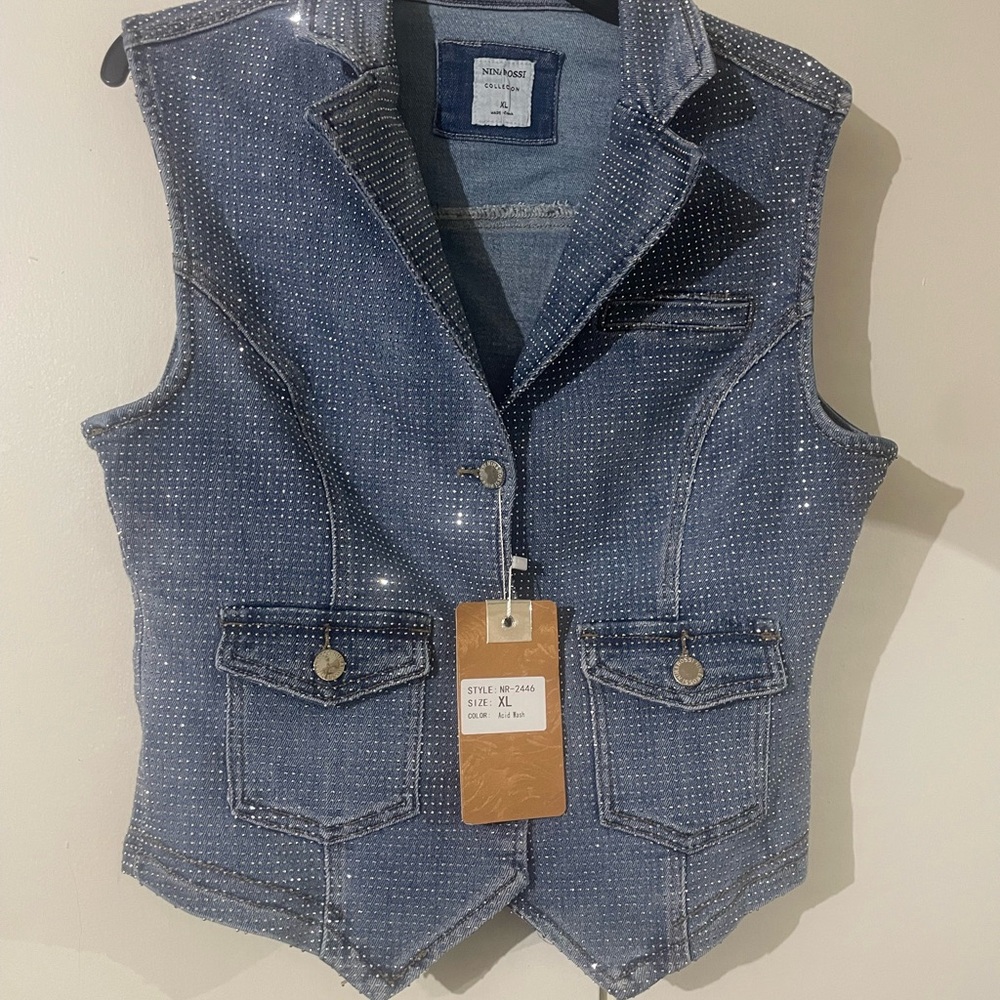 Studded Denim Vest with Crystal Accents